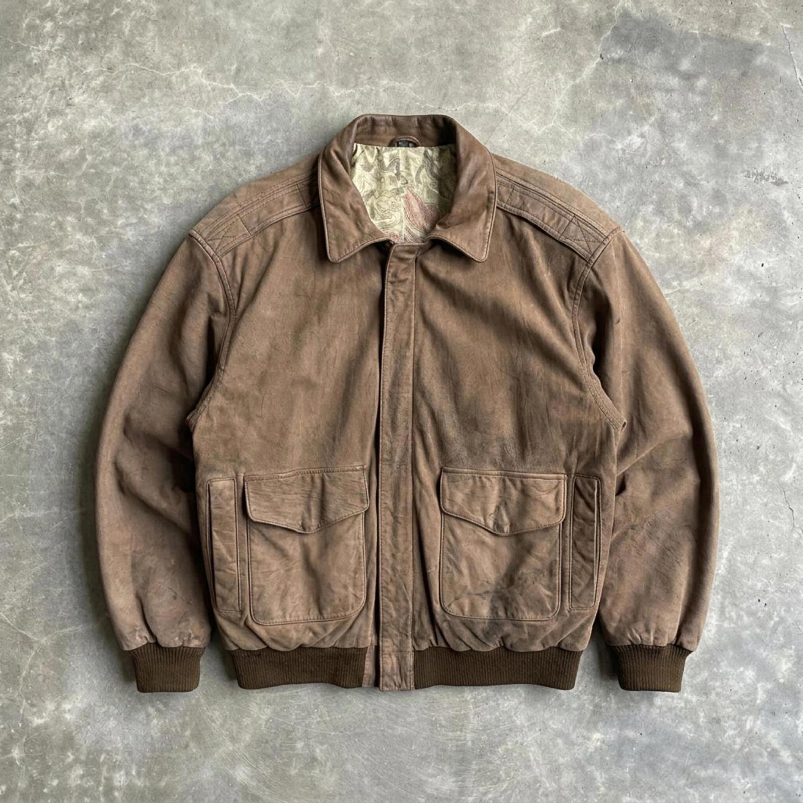 Vintage Brown Leather Bomber Jacket Map Lining